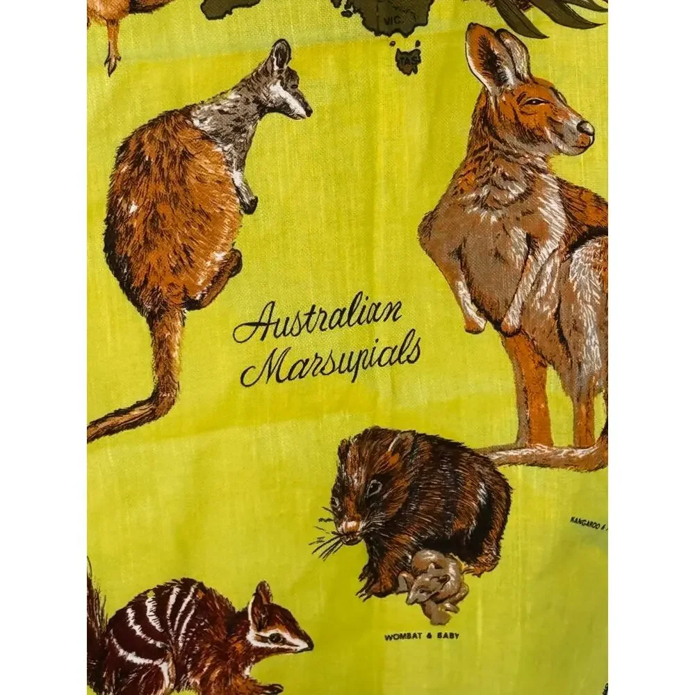 Vintage 70s linen Australian Marsupials Souvenir Tea Towel / Tapestry- Unused